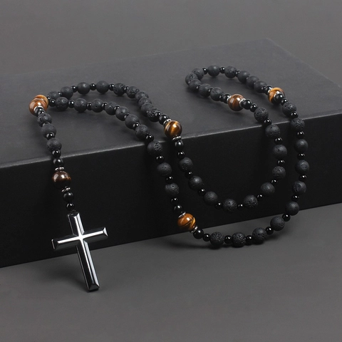 Natural Lava Stone Tiger Eye Beads Necklace Metal Cross Saint Benedict Medal Religious Vintage Men Jewelry