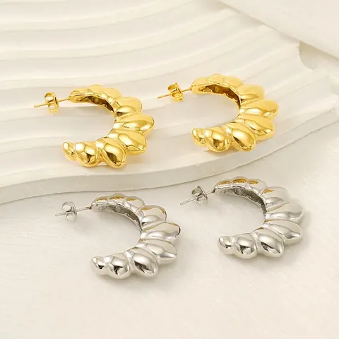 Croissant Hoop Earrings Stainless Steel Wavy Texture C Shaped 18K Gold Plated Ins Style Jewelry For Women
