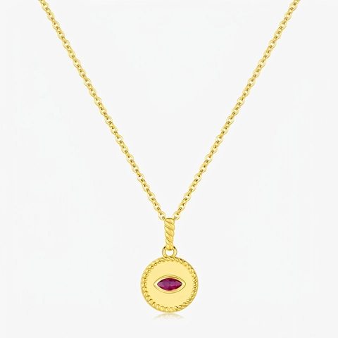 925 Sterling Silver Necklace Round Medallion Evil Eye Pendant With Red Zircon French Vintage Jewelry For Women