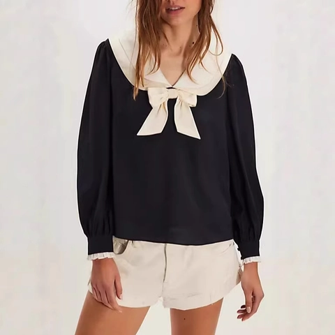Franse Retro Damesblouse Met Lange Mouwen Contrast Peter Pan Sailor Kraag Strik Chiffon Shirt Casual Top Elegant