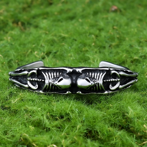 Bracciale Rigido Scheletro Teschio In Acciaio Inossidabile Vintage Design Gotico Punk Ossa Umane Costole Colonna Vertebrale
