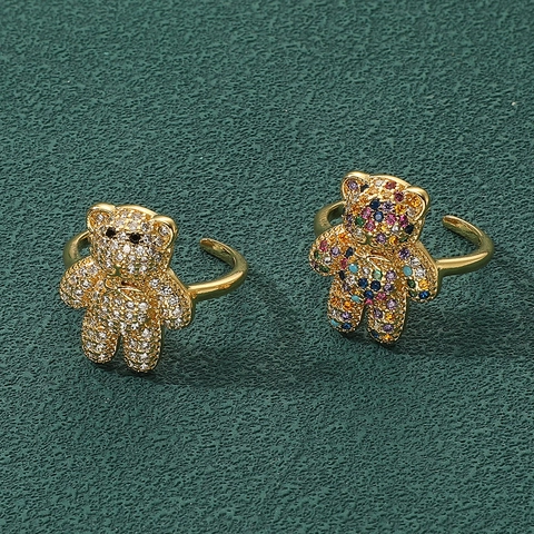 Süßer Teddybär Ring Kupfer Mit Buntem Zirkon Verstellbares Offenes Design Mode Schmuck Geschenk Für Damen