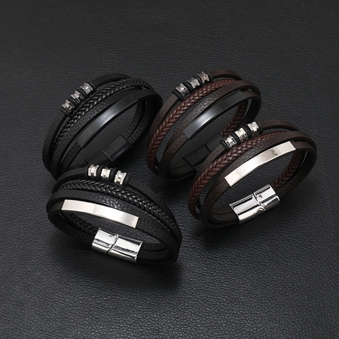 Men's Multi Layer Braided Leather Bracelet With Magnetic Clasp Handmade Vintage Style Fashion Jewelry