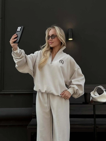Women Cotton Half Zip Long Sleeve Sweatshirt And Wide Leg Pants Solid Color Oversized Casual Sporty