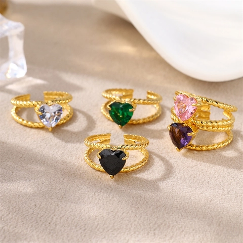 Mode Verstelbare Open Ring Roestvrij Staal Verguld Kleurrijke Zirkonia Hart Vierkant Geometrisch Voor Dames Elegant