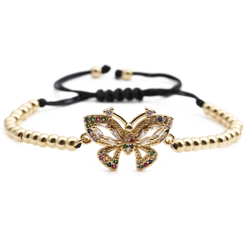 Butterfly Charm Bracelet Copper Gold Plated Micro Pave Zircon Colorful Rhinestone Adjustable Rope Chain Jewelry For Women