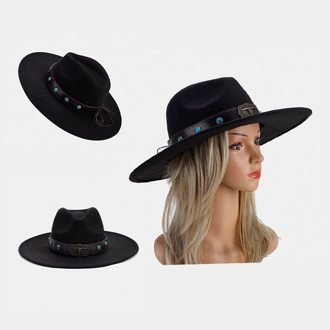 Wide Brim Fedora Hat Western Cowboy Jazz Hat For Women Men Decorative Band Ethnic Style Felt Panama Sun Cap