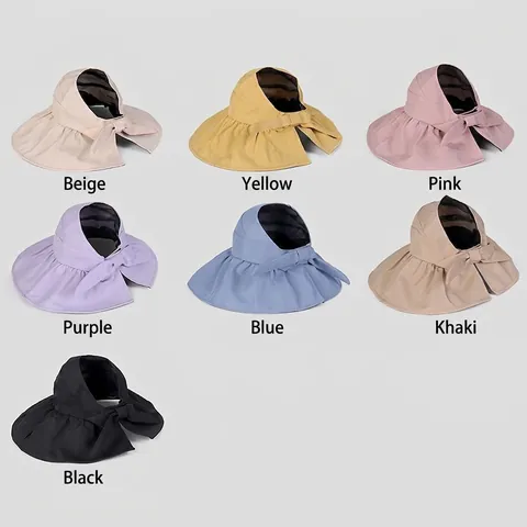 Chapeau Visière Soleil Femme Large Bord Anti UV Revêtement Colle Noire Nœud Respirant Pliable Réglable Casquette Plage