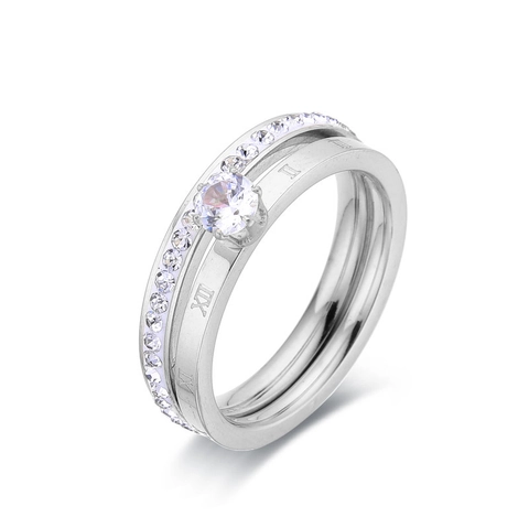 Stainless Steel Zircon Solitaire Ring Double Layer Roman Numerals Micro Pave Elegant Trendy Jewelry For Women