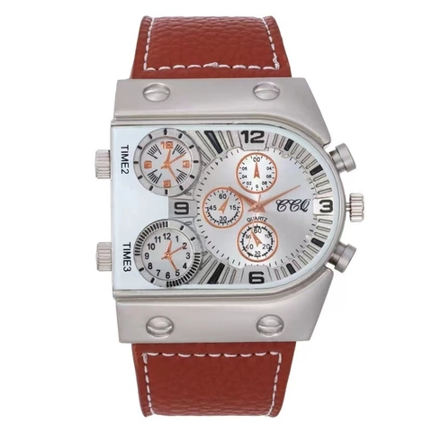 Men Quartz Watch Large Dial Triple Time Zone Faux Leather Strap Alloy Case Casual Outdoor Sport Wristwatch