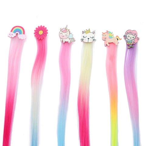 Gekleurde Haarextensie Voor Meisjes Cartoon Hars Clip Synthetische Gradiënt Pruik Stuk Party Haaraccessoires