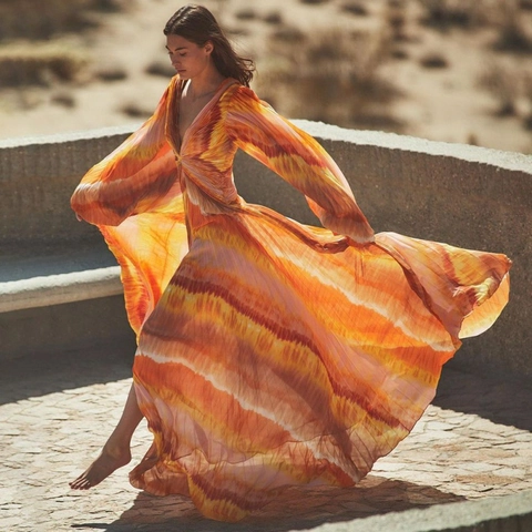Women Long Sleeve One Piece Swimsuit And Pleated Skirt V Neck Tie Dye Gradient Print Bodysuit Beach Vacation Swimwear