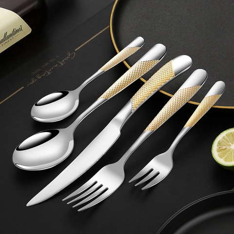 Posate Di Lusso In Acciaio Inox Coltello Forchetta Cucchiaio Lucidato A Specchio Manico Con Motivo A Diamante Dorato Stoviglie
