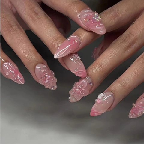 Künstliche Nägel Mandelform Rosa Ombre Blush Mit Dreidimensionalen Schmetterlingsblumen Abnehmbare Falsche Nägel Für Damen Süß