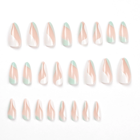 Lange Amandelvorm Press On Nagels Frans Gegolfd Ontwerp Mintgroen Wit Glanzend Plastic Kunstnagels Voor Vrouwen