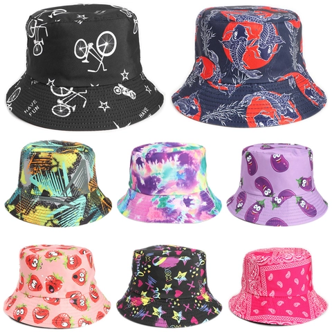 Reversible Bucket Hat Paisley Strawberry Fruit Print Polyester Sun Protection Outdoor Casual Streetwear Unisex