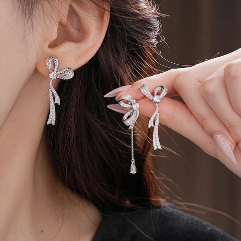 Orecchini A Goccia Con Fiocco E Nappina Perno In Argento Rame Zircone Intarsiato Gioielli Lunghi Pendenti Per Donna Lusso