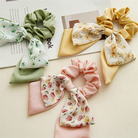 Floral Double Layer Bow Scrunchie Sweet Fabric Satin Ponytail Holder Hair Tie Streamer Elegant Hair Accessories Women