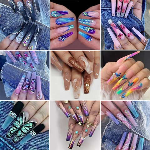 Long Coffin Press On Nails With Rhinestones 3D Flowers Butterfly Designs Gradient Glitter Full Cover Fake Nails For Women