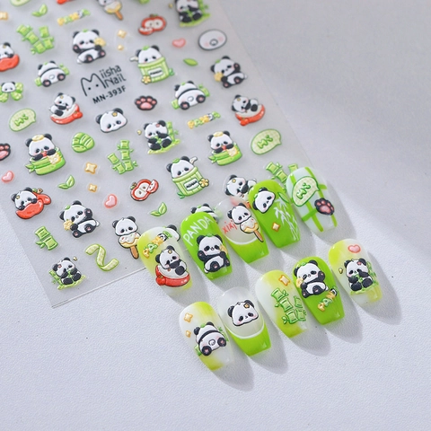 Autocollants Art Des Ongles Relief 3D Design Panda Dessin Animé Bambou Gaufré Mat Autocollant Décoration Manucure DIY