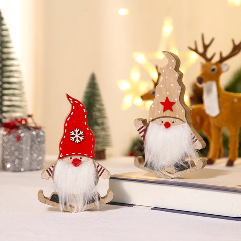 Adorno De Gnomo De Madera De Navidad Decoración De Escritorio Trineo Rocker Con Barba De Piel Sintética