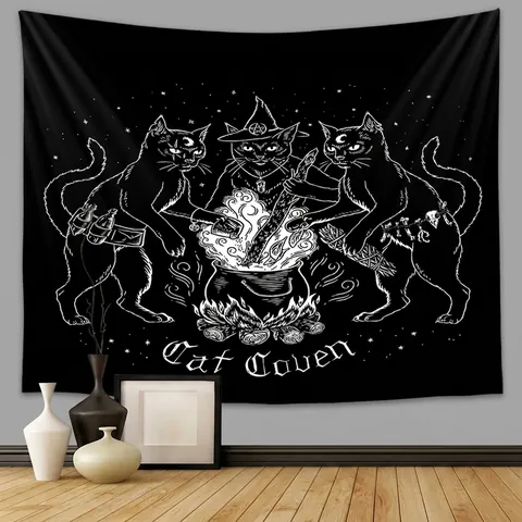 Mystical Cat Tapestry Wall Hanging Polyester Gothic Moon Stars Illustration Aesthetic Room Decor For Living Room Bedroom