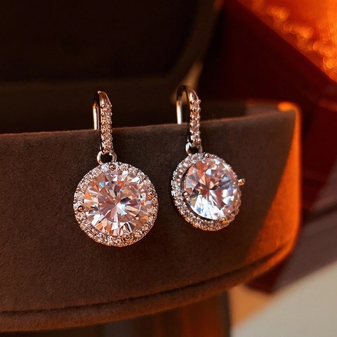 Halo Round Cubic Zirconia Dangle Earrings With Silver Earring Post Shiny Elegant Versatile Jewelry For Women