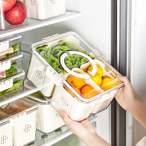 Contenitore Per Frigorifero Trasparente Plastica Alimentare Con Coperchio Maniglia Cestino Drenaggio Divisorio Organizer