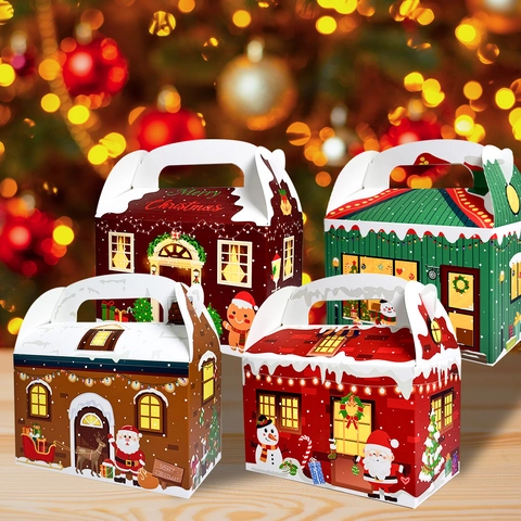 Christmas House Shape Gift Boxes Cardboard Paper Candy Cookie Packaging With Handle Festive Party Supplies Santa Snowman