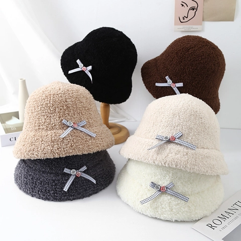 Women Warm Sherpa Fleece Bucket Hat Bowtie Decoration Winter Fisherman Hat Korean Style Soft Solid Color Basin Hat For Outdoor