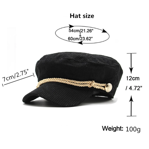 Gorra De Vendedor De Periódicos Vintage De Pana Color Sólido Con Cuerda Trenzada Y Botones Metálicos Sombrero Para Mujer