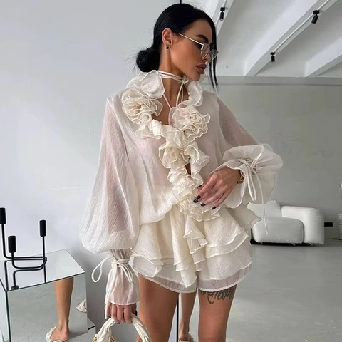 Top De Manga Larga Con Volantes Y Pantalones Cortos Gasa Plisada Con Decoración De Flores 3D Dulce Romántico Elegante
