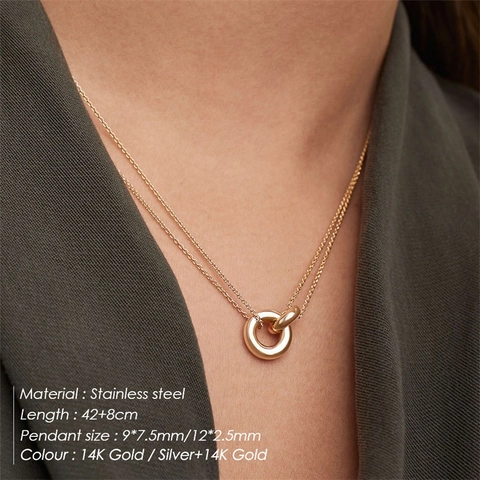Stainless Steel Interlocking Double Ring Pendant Necklace For Women Two Tone Minimalist Geometric Jewelry Fashion