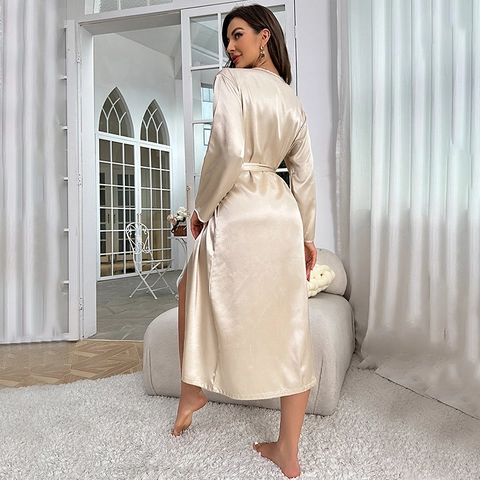 Women Long Robe Satin Sleepwear V Neck Long Sleeve Belted Loungewear Elegant Satiny Bathrobe Vintage Nightgown