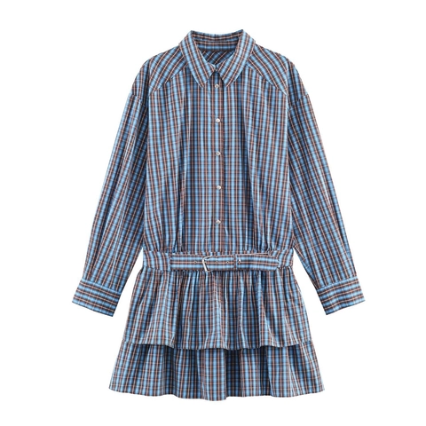 Geruite Overhemdjurk Lange Mouwen Poplin Met Riem Gelaagde Ruches Mini Jurk Retro Casual Stijl Voor Dames Blauw Bruin