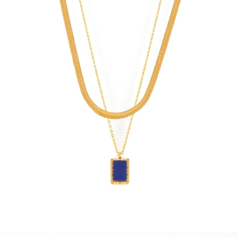 Collana Pendente Lapislazzuli Rettangolare Vintage Acciaio Al Titanio Placcato Oro 18K Catena A Serpente Piatta Gioielli Donna
