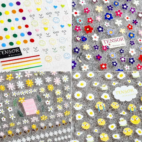 Nail Art Stickers Embossed Self Adhesive Flower Rainbow Smiley Chick Design DIY Manicure Decoration For Women Girls