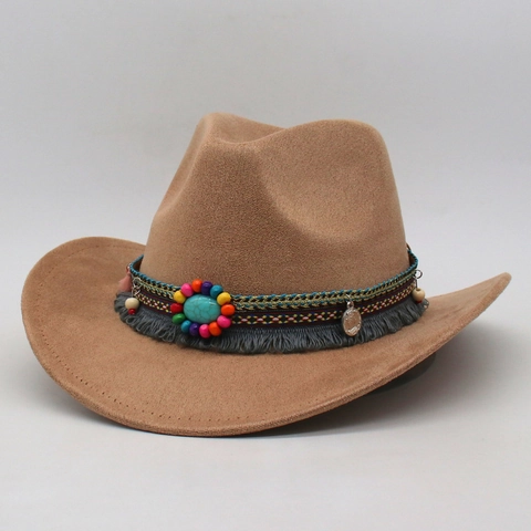 Retro Western Cowboy Hat Polyester Felt Wide Brim With Ethnic Woven Band Turquoise Bead And Tassels Bohemian Style