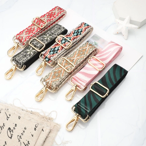 Adjustable Bag Strap Replacement Wide Cotton Webbing Ethnic Geometric Pattern Crossbody Shoulder Belt Zinc Alloy Buckle