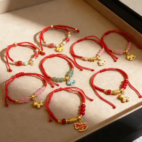 Red String Braided Bracelet With Gold Horse Charm Colorful Beads Lucky New Year Adjustable Ethnic Jewelry For Women