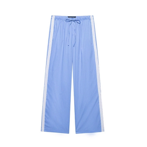 Pantalones de Pierna Ancha de Cuadros para Mujer Encaje Lateral Empalme Cordón Cintura Elástica Casual Pantalones Largos