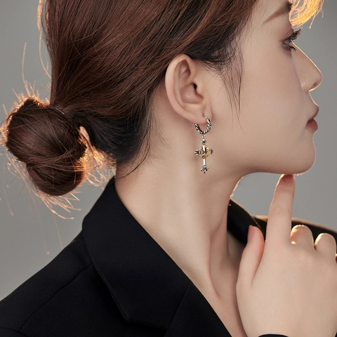 Pendientes de Aro de Cobre con Cruz y Corona Retro para Mujer Pendientes Colgantes en Plata y Oro Joyería de Moda