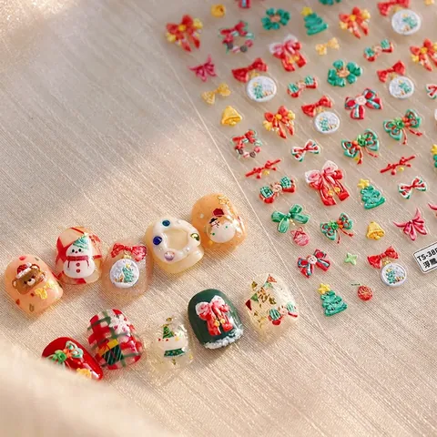 Stickers Ongles Noël Autocollants Relief 3D Nœud Mignon Bonhomme De Neige Ours Arbre Étoile Manucure Fête DIY