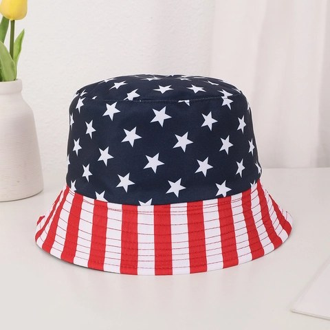Reversible Bucket Hat Polyester Sun Protection Outdoor Travel Casual Multi Print US Flag Elephant Pattern