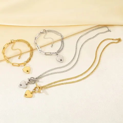 Edelstahl Herz Anhänger Halskette Und Armband Knebelverschluss Gespleißte Kubanische Büroklammerkette Mode Schmuck Damen