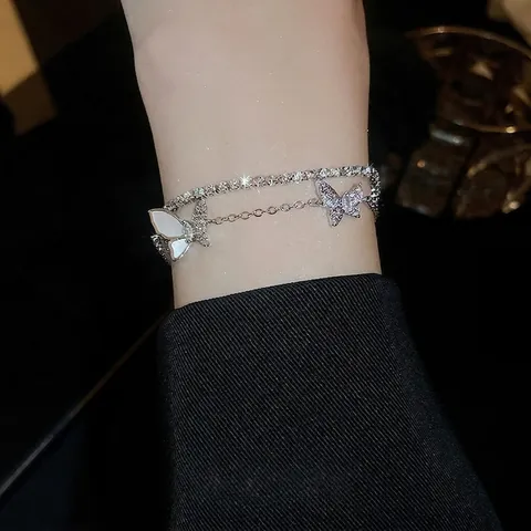 Bracelet Papillon Multicouche Cuivre Zircon Coquille Incrustée Chaîne Tennis Élégante Bijoux Mode Femmes