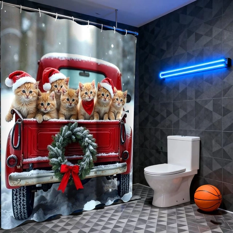 Christmas Shower Curtain Waterproof Polyester Red Truck Cute Cats Dogs Winter Snow Holiday Bathroom Decor Hooks