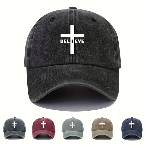 Cappellino Da Baseball In Cotone Lavato Stampa Croce Believe Retro Regolabile Dad Hat Per Uomo Donna All'aperto