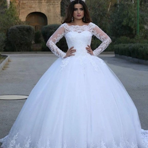 Wedding Dress White Lace Long Sleeves Off Shoulder Ball Gown Bridal Gown With Elegant Embroidery Cathedral Train For Women