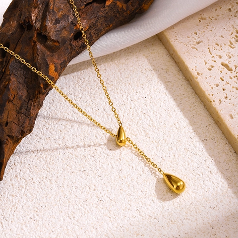 Waterdrop Pendant Necklace Stainless Steel Y-Shaped Teardrop Chain Elegant Minimalist Gold Color For Women